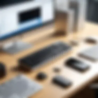 Efficient Workspace Featuring USB Drives An organized desk with a computer and multiple USB drives arranged neatly