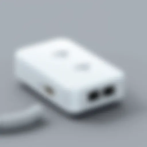 Close-up of a wireless landline adapter showcasing its sleek design and connectivity ports.