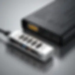 Close-up view of a USB to line out adapter showcasing its ports and connectors