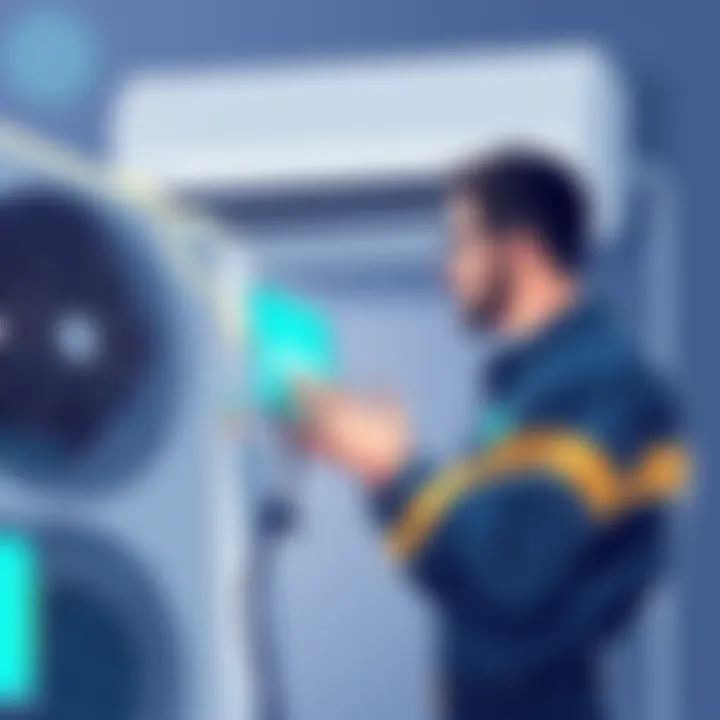 Technician Inspecting Air Conditioning Unit Technician examining an air conditioning unit